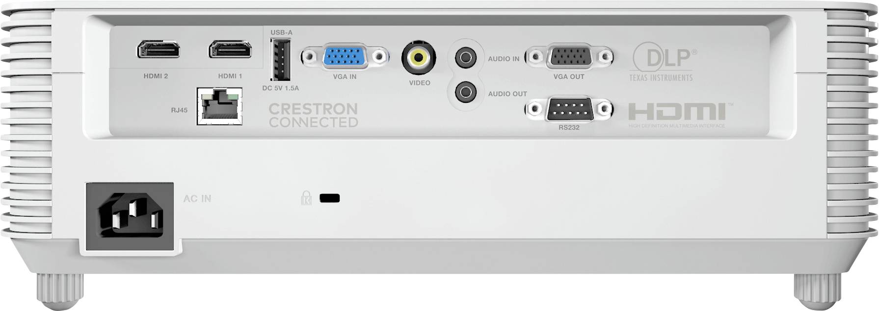 Pohled zezadu na projektor zobrazující vstupní porty včetně HDMI, USB, VGA, audia, LAN a napájení. Součástí jsou loga 'Crestron Connected' a 'DLP'.