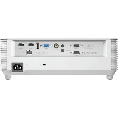 Pohled zezadu na projektor zobrazující různé porty: USB-B, HDMI, VGA, LAN, vstup/výstup audia, vstup videa, resetovací tlačítko a napájecí zásuvka.