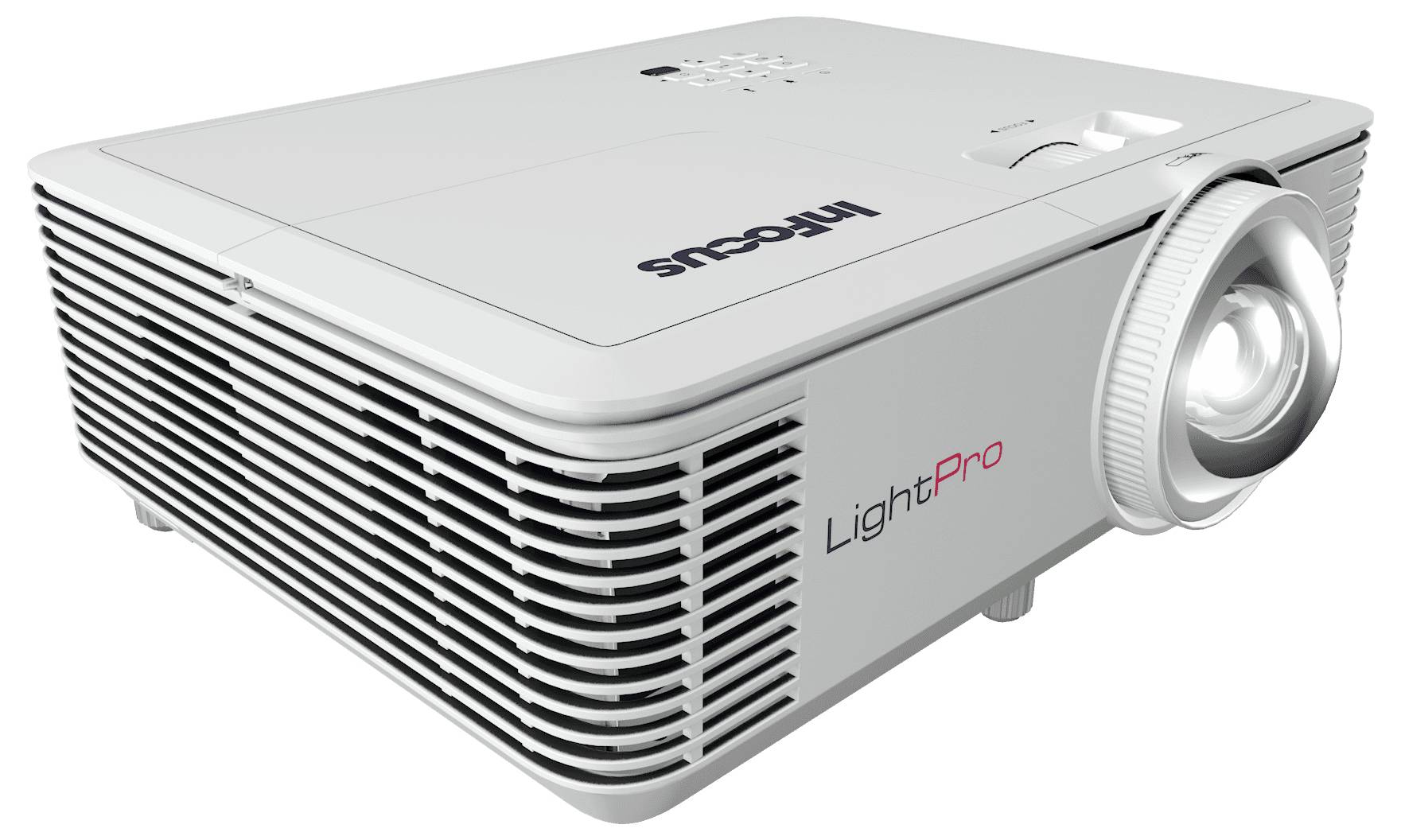 Projektor 'LightPro' od společnosti InFocus, vyznačující se elegantním designem s výrazným objektivem a větracími otvory na straně. Ideální pro prezentace.