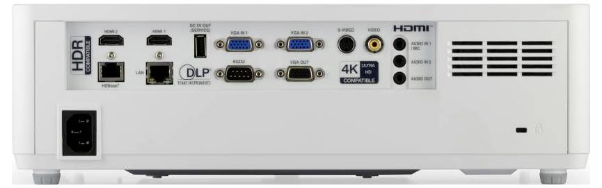 Zadní panel projektoru zobrazující několik portů: HDMI, VGA, LAN, USB a audio vstupy, označené štítky HDR, kompatibilita se 4K a DLP.