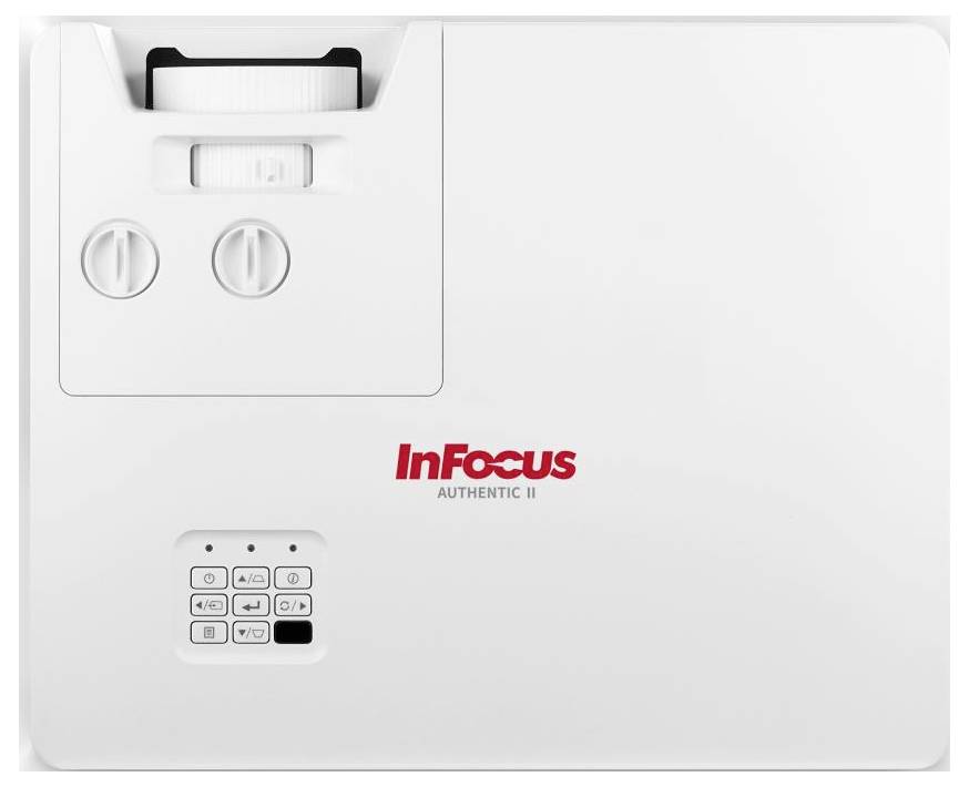 Bílý projektor InFocus Authentic II s ovládacími tlačítky na horní straně a zaostřovacím nastavením, určený pro prezentace a zobrazování médií.