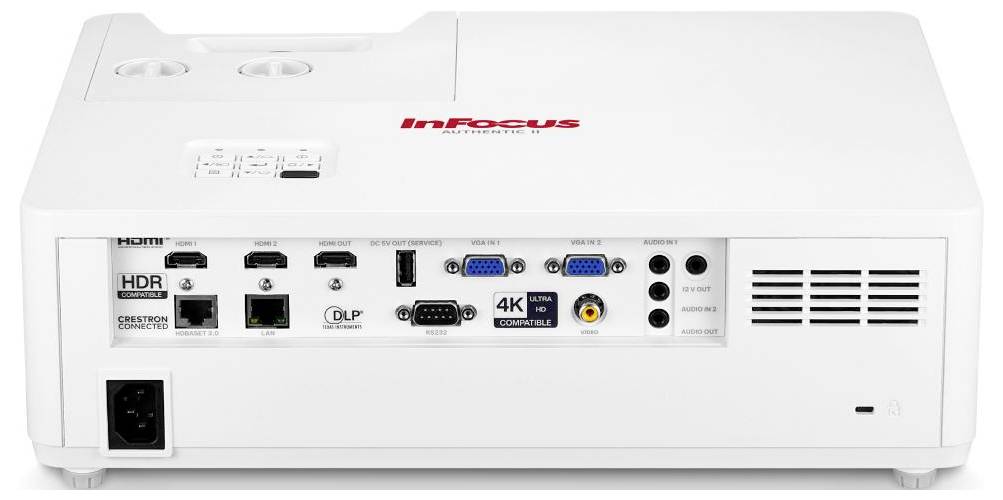 Obrázek ukazuje zadní panel bílého projektoru s několika vstupními/výstupními porty, včetně konektorů HDMI, VGA, USB a audio připojení.