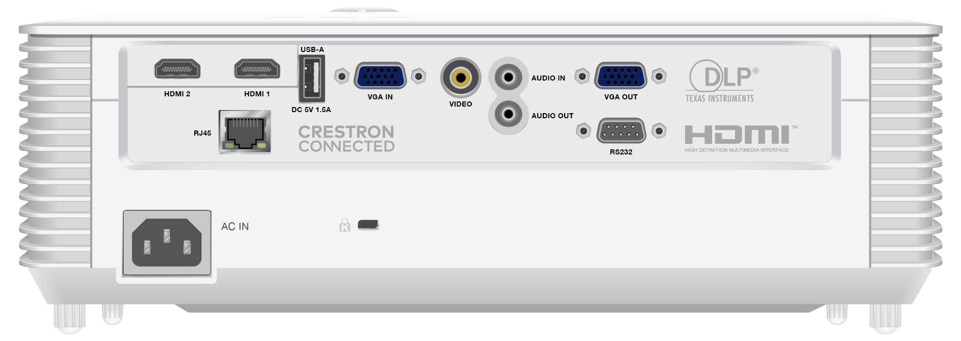 Pohled zezadu na elektronické zařízení s porty HDMI, VGA, audio a USB. Zobrazeny loga Crestron Connected a HDMI.