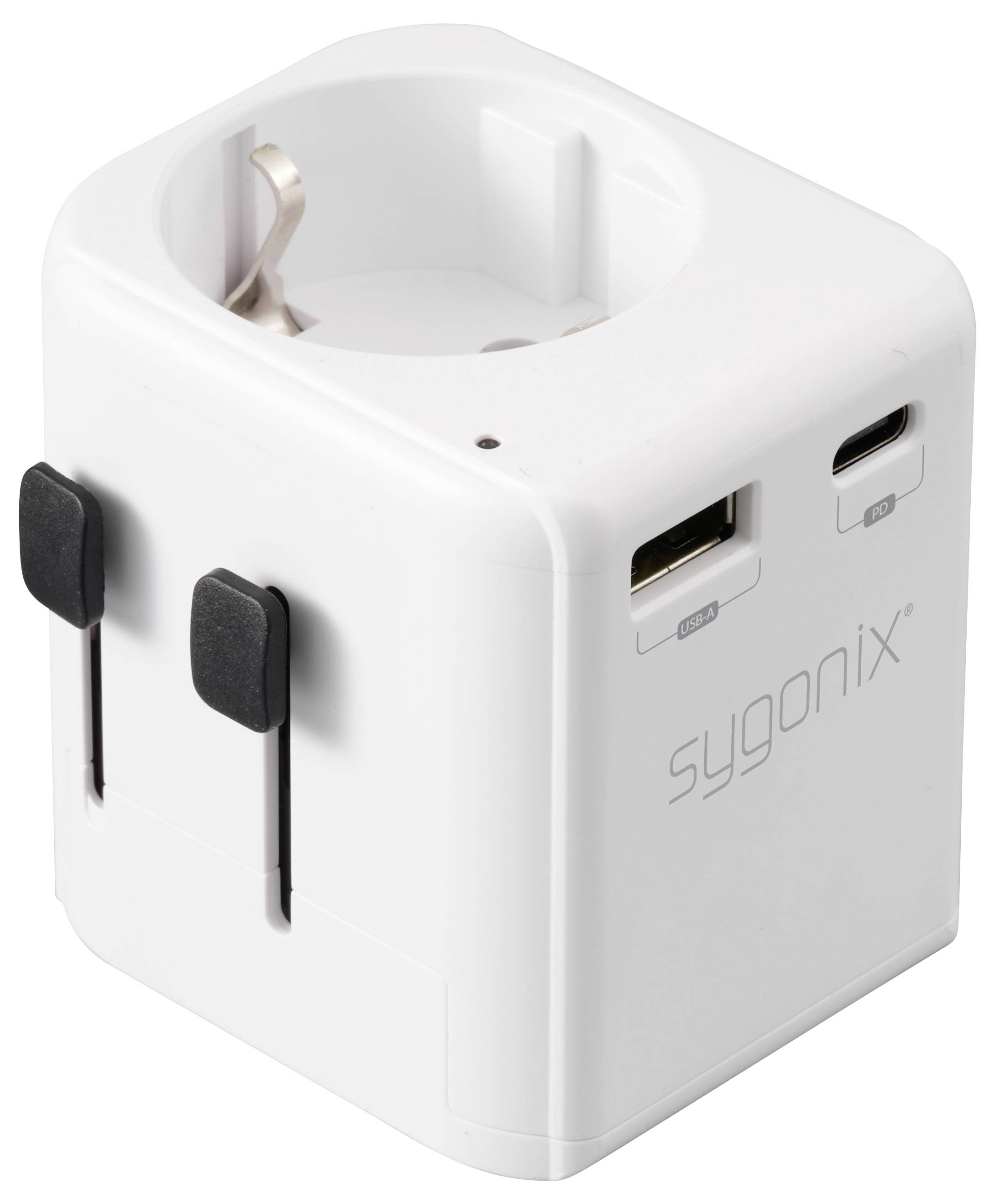 Bílý univerzální cestovní adaptér Sygonix s několika typy zástrček a USB porty, navržený pro všestrannou nabíjecí kompatibilitu po celém světě.