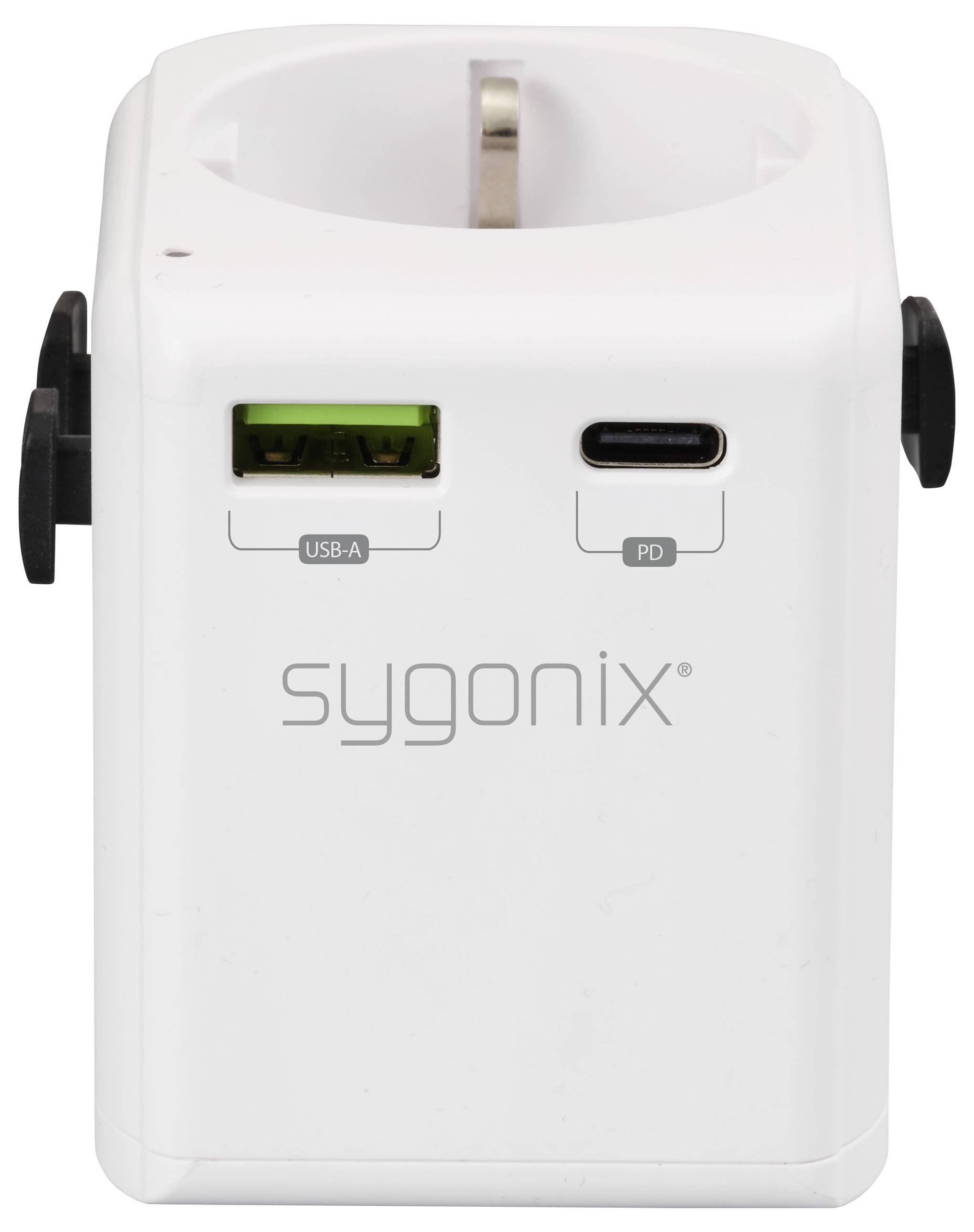 Bílý napájecí adaptér Sygonix s portem USB-A, portem USB-C PD a kulatou zásuvkou na vrchu, vhodný pro nabíjení zařízení.