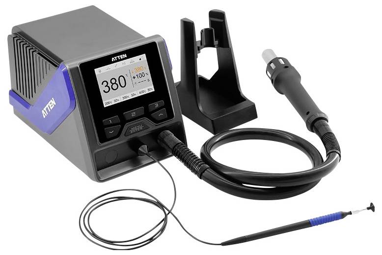 Pájecí stanice s digitálním displejem zobrazujícím 380°C, s připojenou pájecí pistolí a stojanem.
