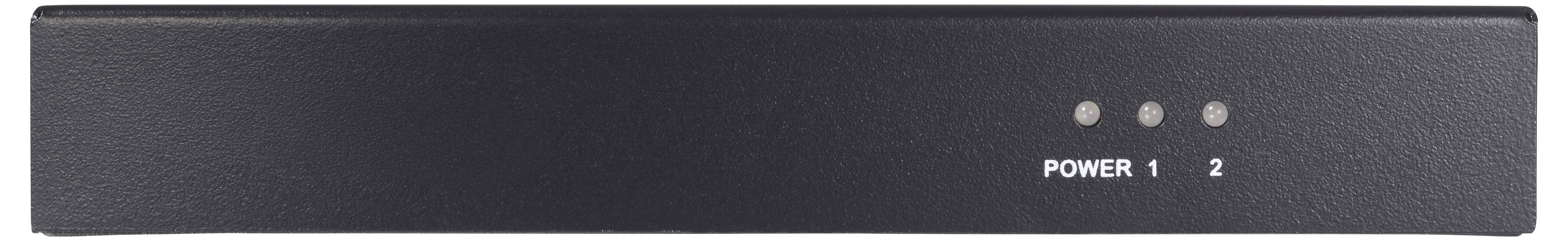 Černé elektronické zařízení s třemi indikačními světly označenými „Power", „1" a „2" na přední straně panelu.