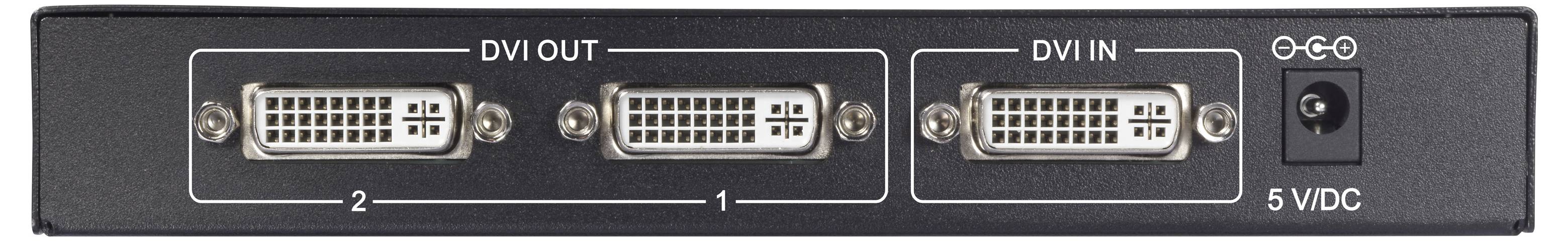 Zadní panel zařízení s porty DVI out, DVI in a napájecím vstupem 5V DC, každý označený. Dva DVI porty jsou číslovány 1 a 2.