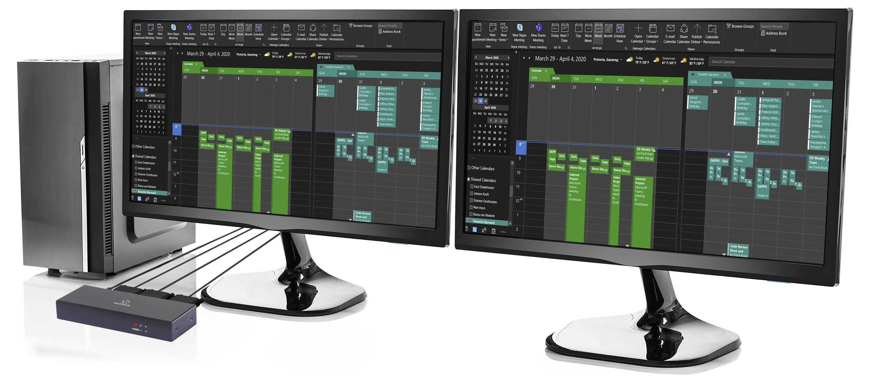 Dva počítačové monitory zobrazují software digitální audio pracovny s více stopy v zelené barvě, připojené k černému stolnímu počítači.