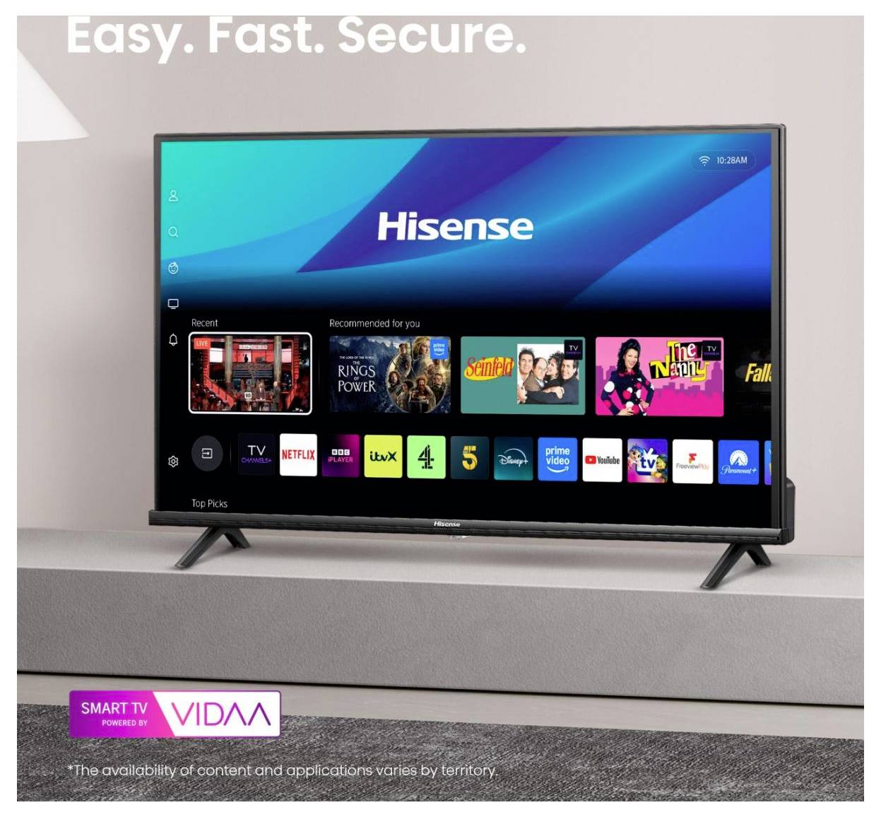 Chytrá televize zobrazující domovskou obrazovku s ikonami streamovacích aplikací, včetně Netflix, YouTube, Disney+. Text v horní části obrazovky čte 'Jednoduché. Rychlé. Bezpečné.'