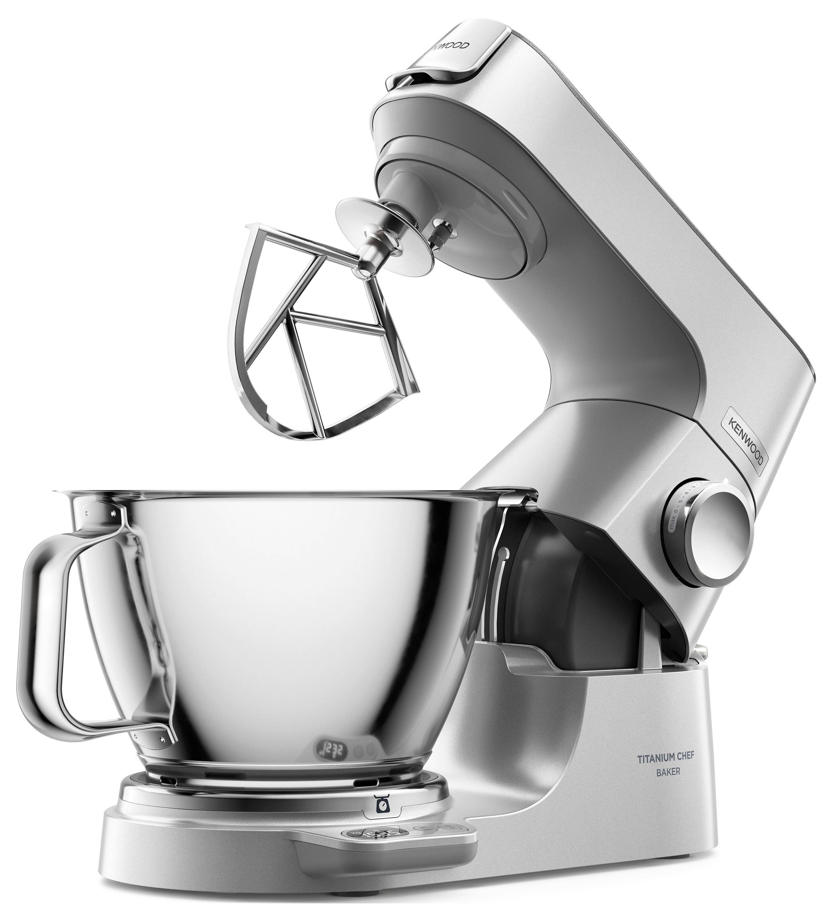 Stříbrný kuchyňský robot se skleněnou míchací mísou a metlou, zobrazující logo značky na základně, vhodný pro pečení.