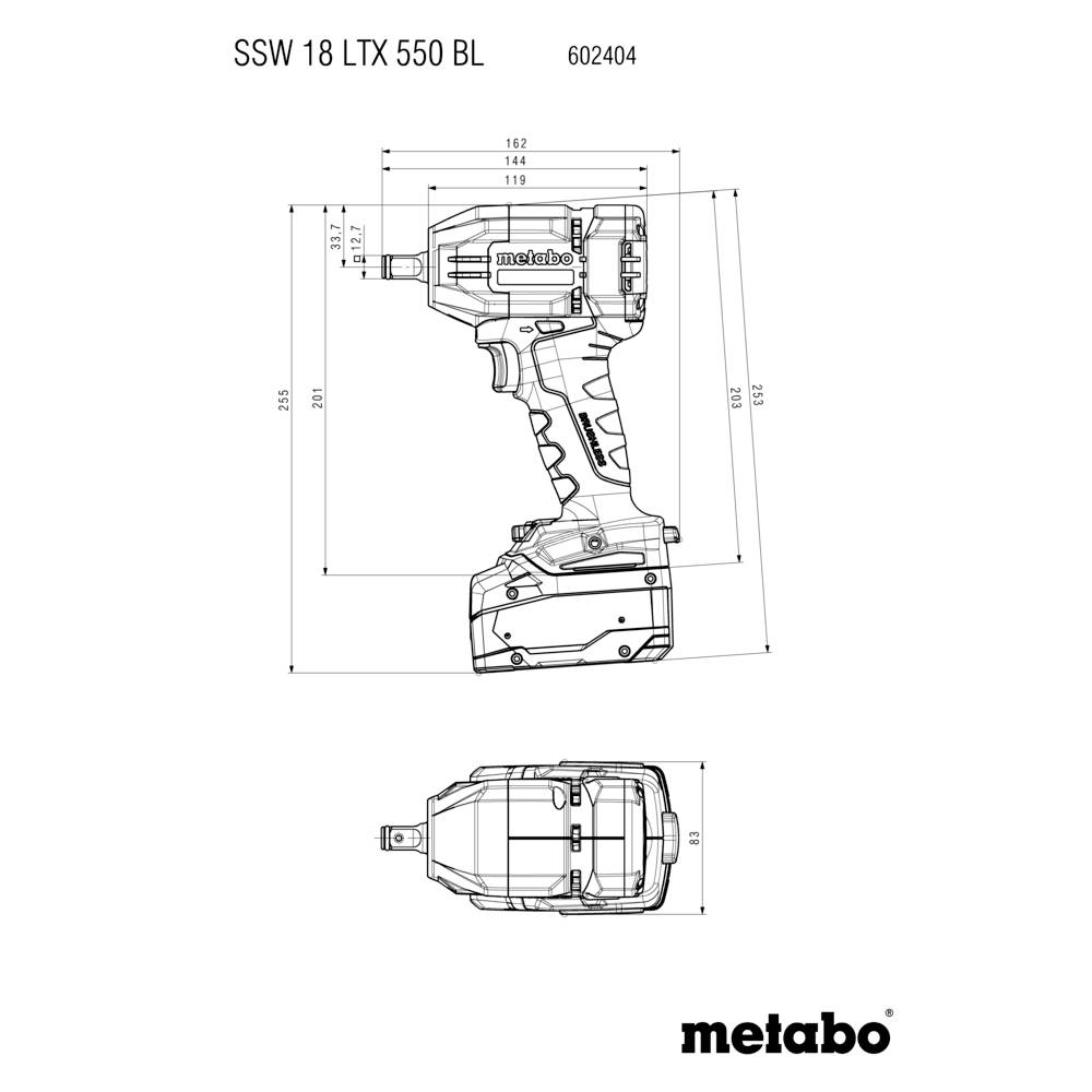 Technický výkres rázového utahováku Metabo SSW 18 LTX 550 BL, zobrazující boční a čelní pohled s rozměry v milimetrech.