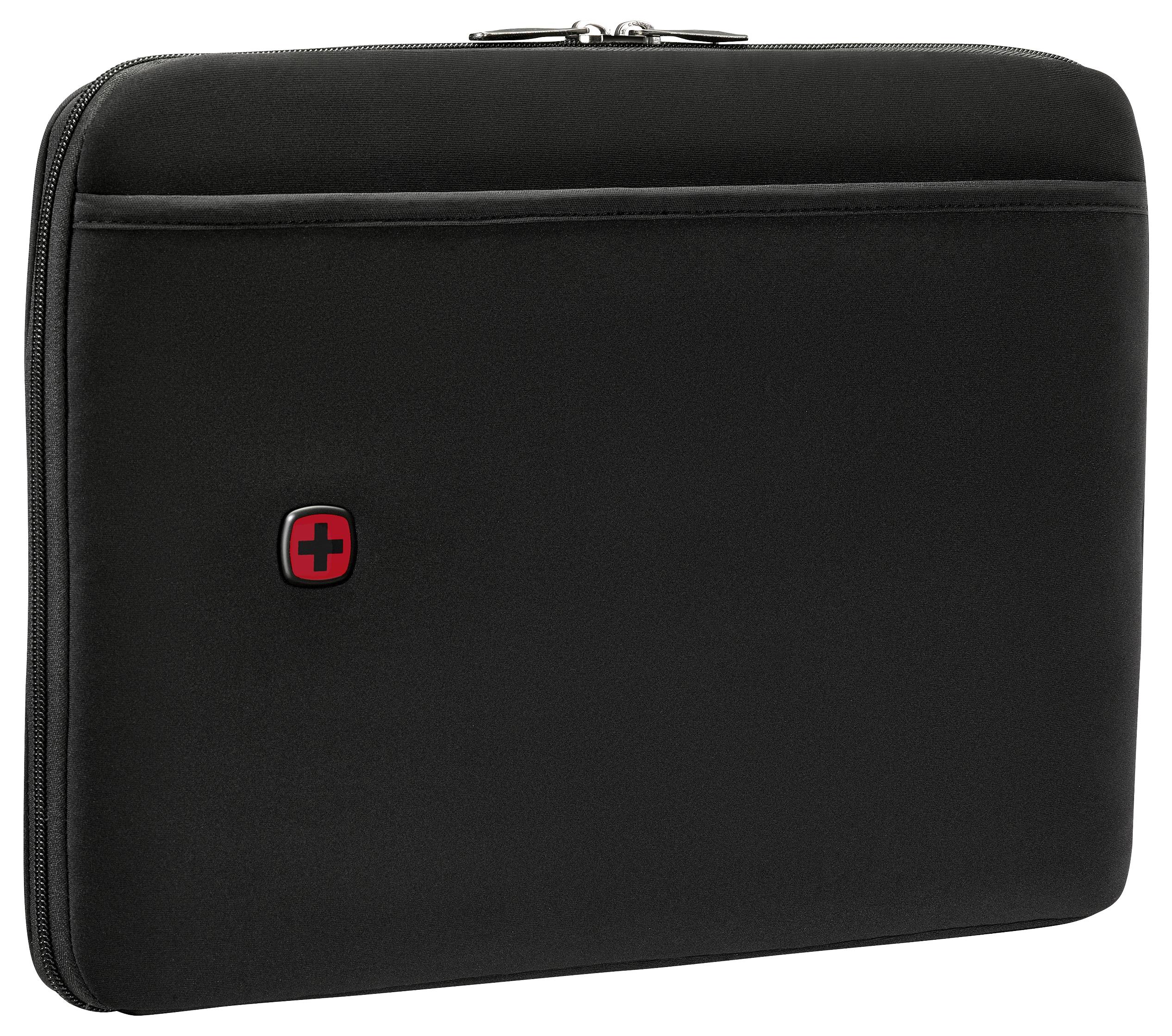 Černý obal na notebook s červeným křížovým emblémem na přední straně, vybavený zipovým uzávěrem v horní části.