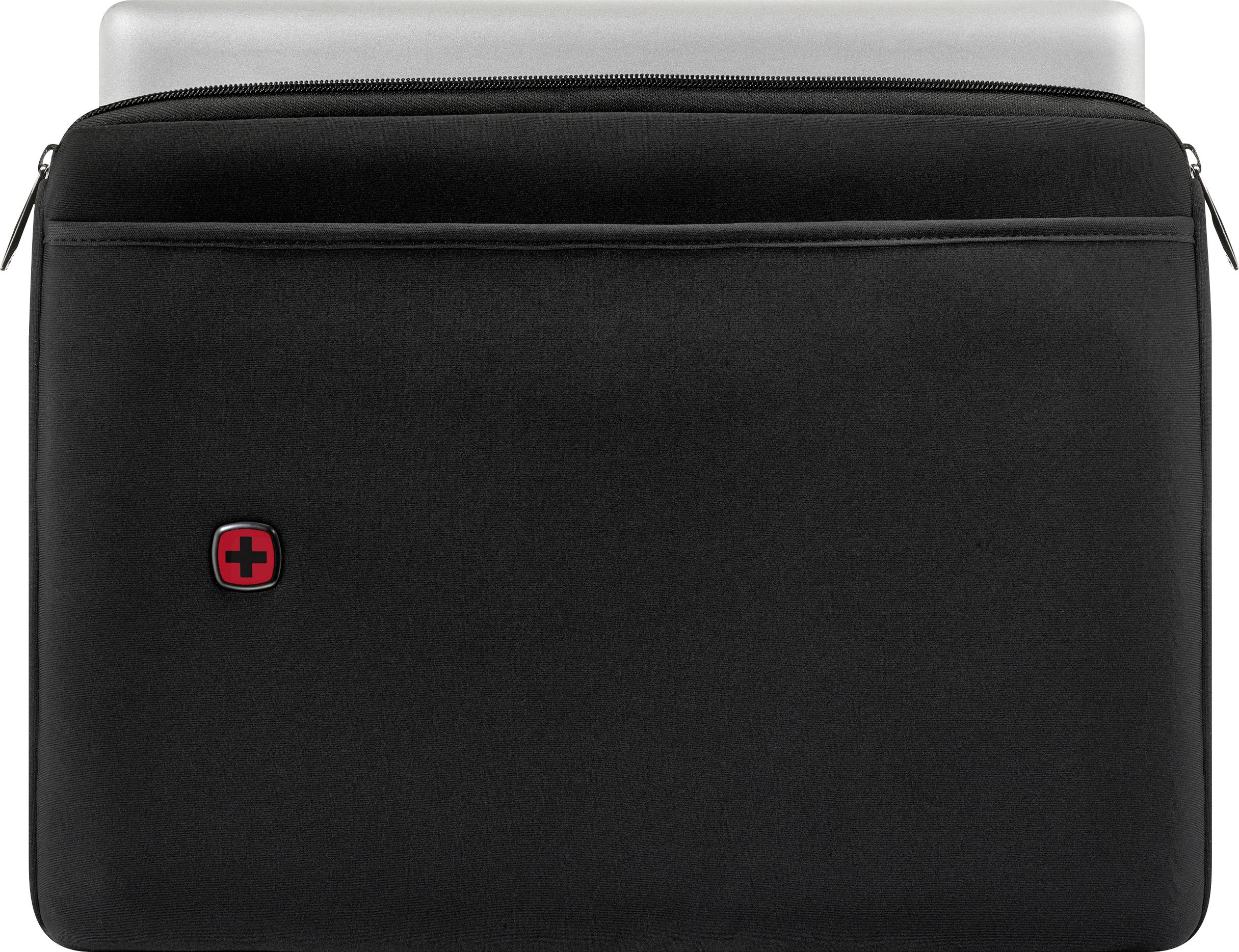 Černé pouzdro na notebook s červeným logem na přední kapse a stříbrným zipem, který je částečně otevřený a odhaluje notebook uvnitř.