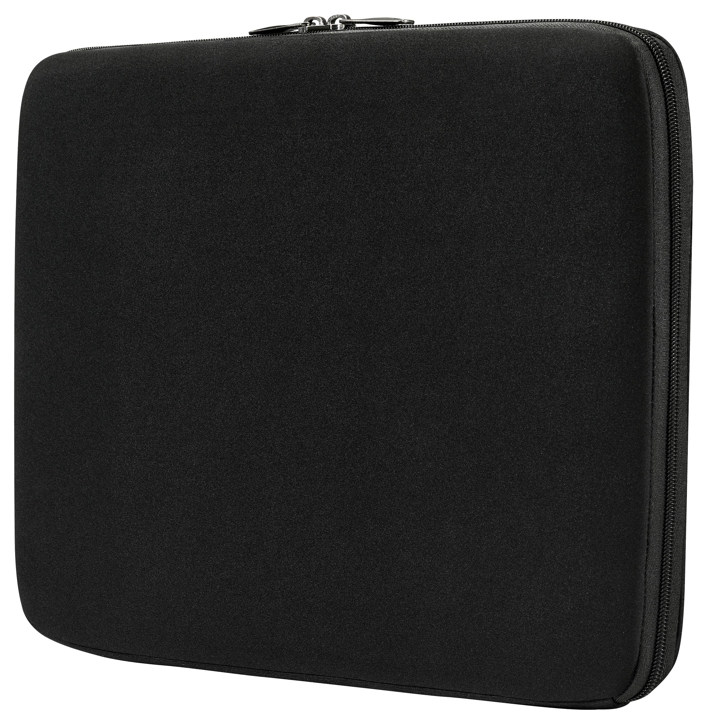 Černý, měkký ochranný obal se zipovým uzávěrem, vhodný pro přepravu nebo skladování notebooku nebo tabletu.