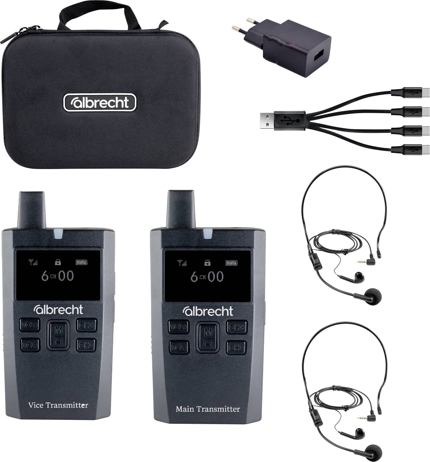 Přenosná bezdrátová sada pro přenos audia, včetně přenosného pouzdra, adaptéru zástrčky, USB kabelu, dvou vysílačů a dvou sluchátek.