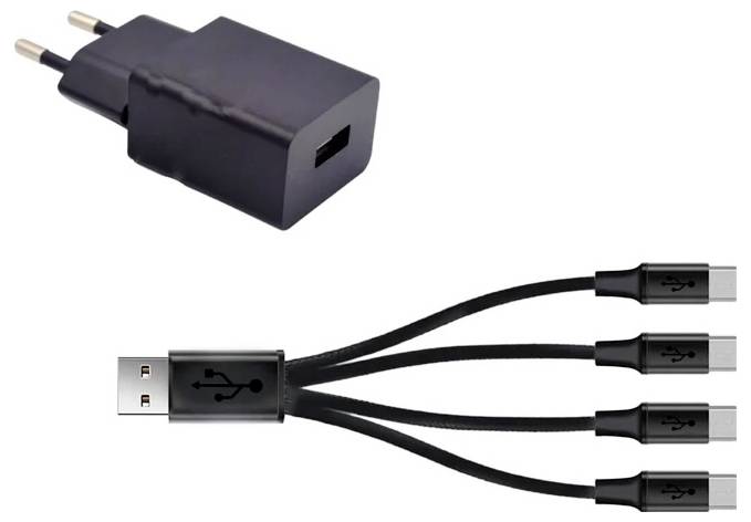 Černá USB nástěnná nabíječka a multifunkční USB kabel se čtyřmi micro-USB konektory, který slouží k současnému nabíjení několika zařízení.