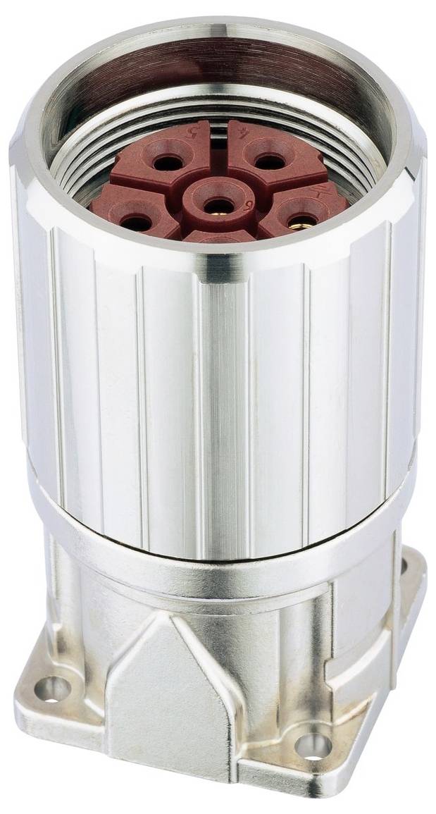 Kovový konektor s krytem, který má kruhový otvor odhalující červenou vnitřní strukturu, určený pro elektrické nebo mechanické propojení.
