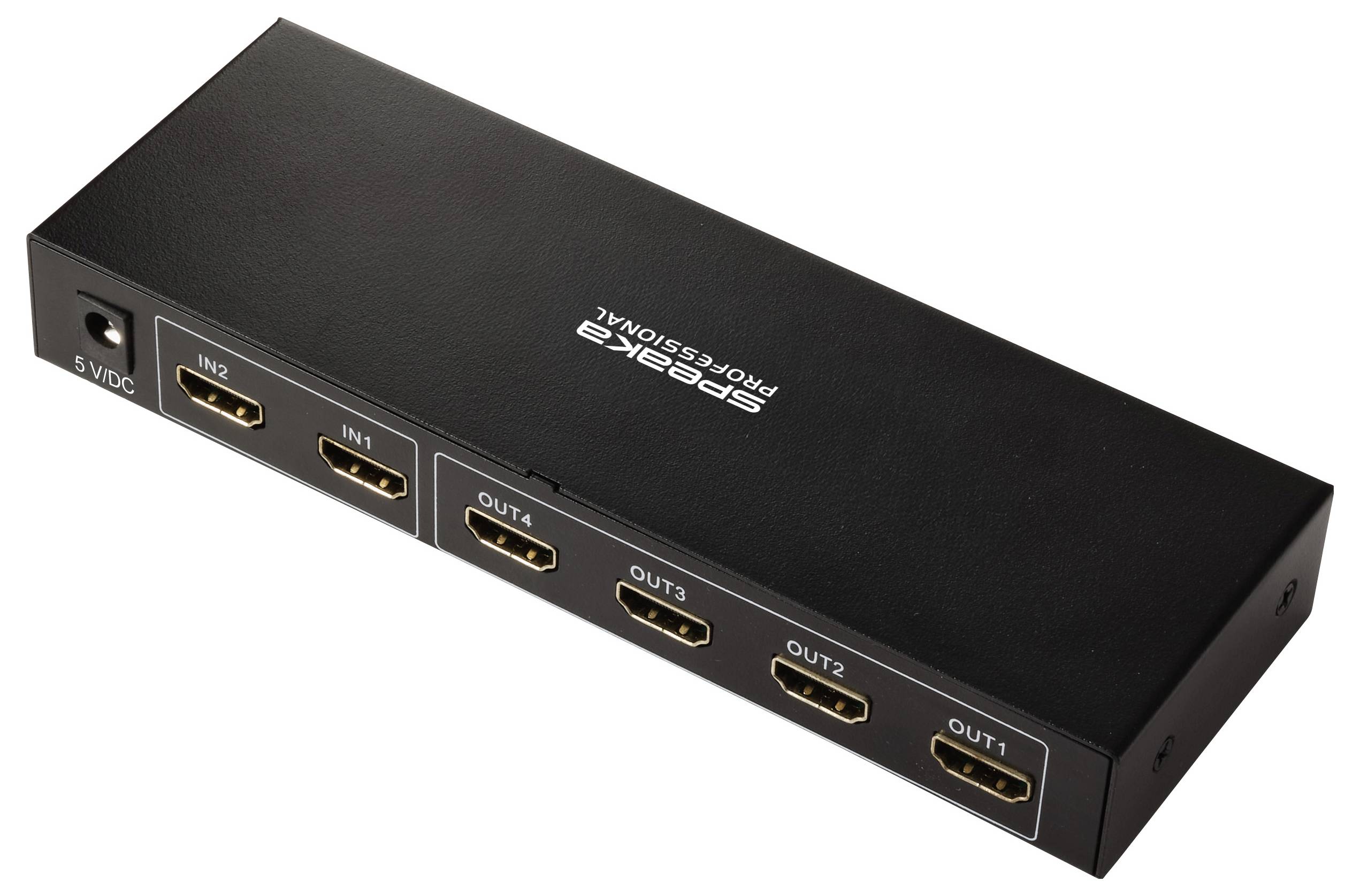 Černý HDMI rozdělovač 4K se čtyřmi výstupními porty a dvěma vstupními porty, označený nápisem „SpeaKa Professional" nahoře.