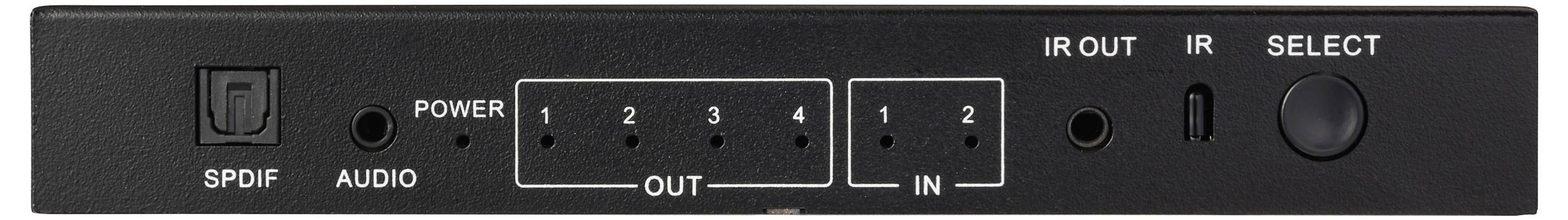 'Přepínací panel zvuku se SPDIF, tlačítkem napájení, audio výstupy označené 1-4, audio vstupy označené 1-4, porty IR výstup a vstup a tlačítkem výběru.'