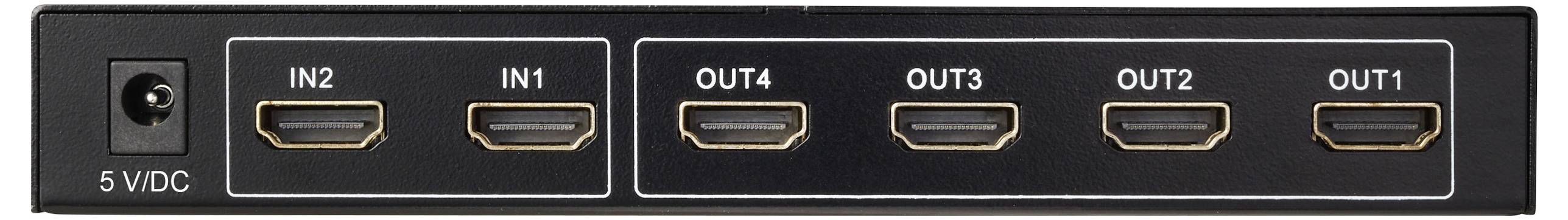 HDMI přepínač se vstupem 5V DC, obsahující dva vstupy označené IN1, IN2 a čtyři výstupy označené OUT1, OUT2, OUT3, OUT4.