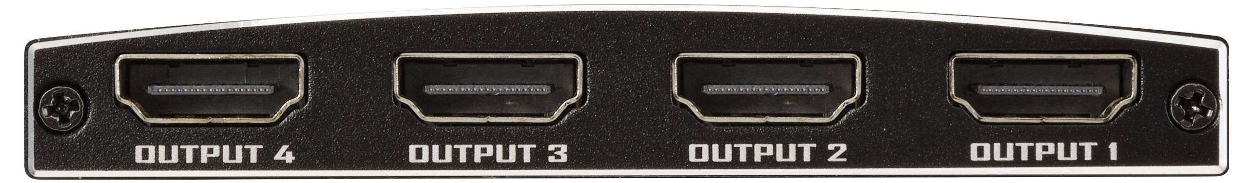 Detailní snímek čtyřportového video rozdělovače zobrazující označené HDMI výstupní porty: 'Výstup 4', 'Výstup 3', 'Výstup 2' a 'Výstup 1'.