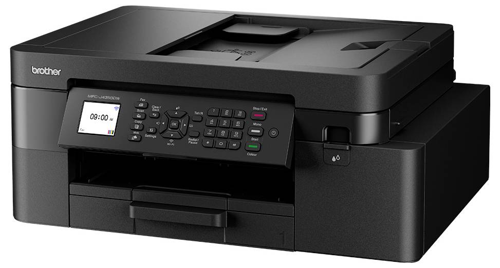 Černá multifunkční inkoustová tiskárna s LCD displejem zobrazujícím '08:00'. Ovládací panel obsahuje tlačítka pro různé funkce.