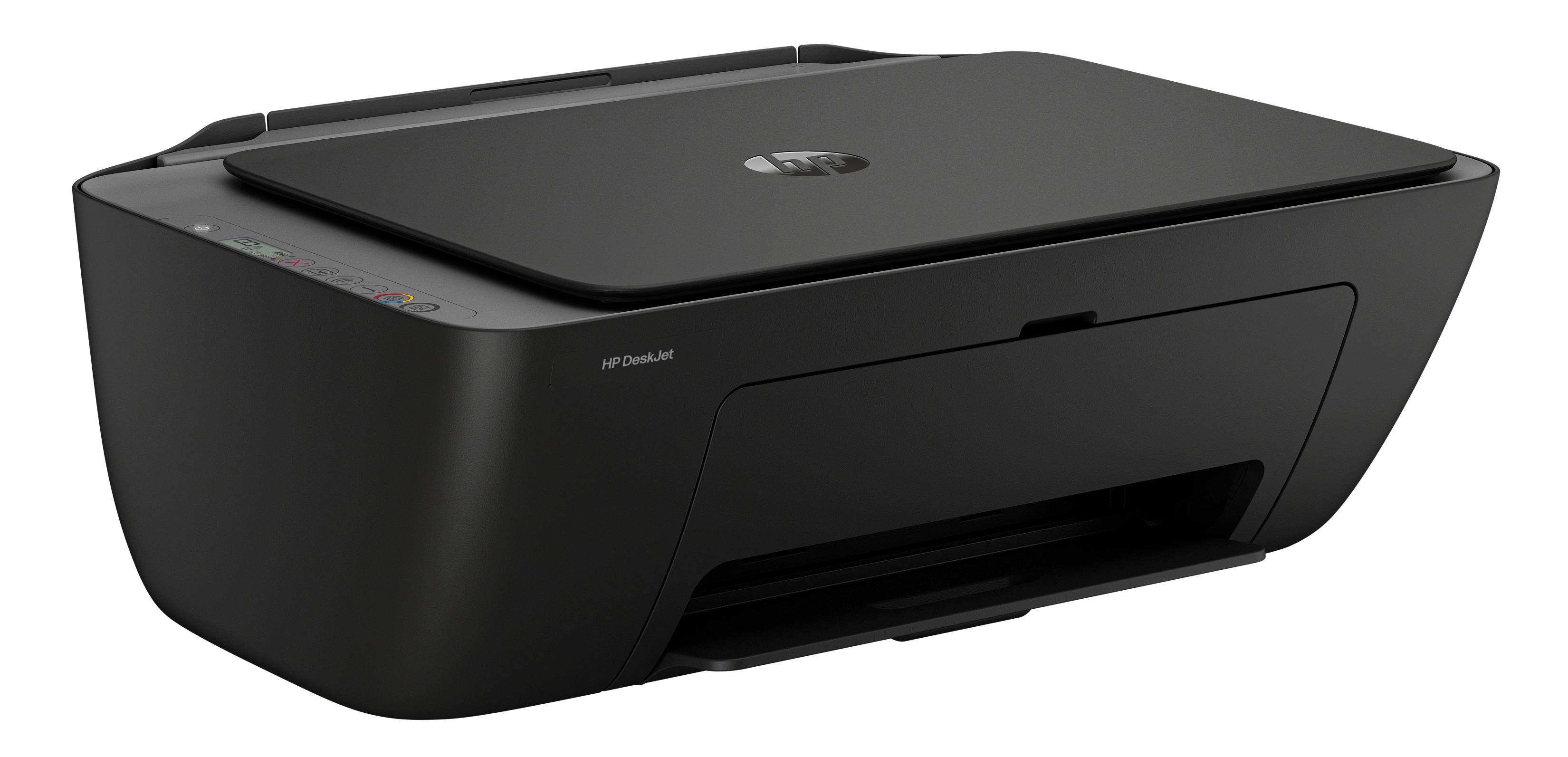 Černá multifunkční stolní tiskárna se skenerem na horní straně, tlačítky ovládání na levé straně a přední zásobníkem na papír.