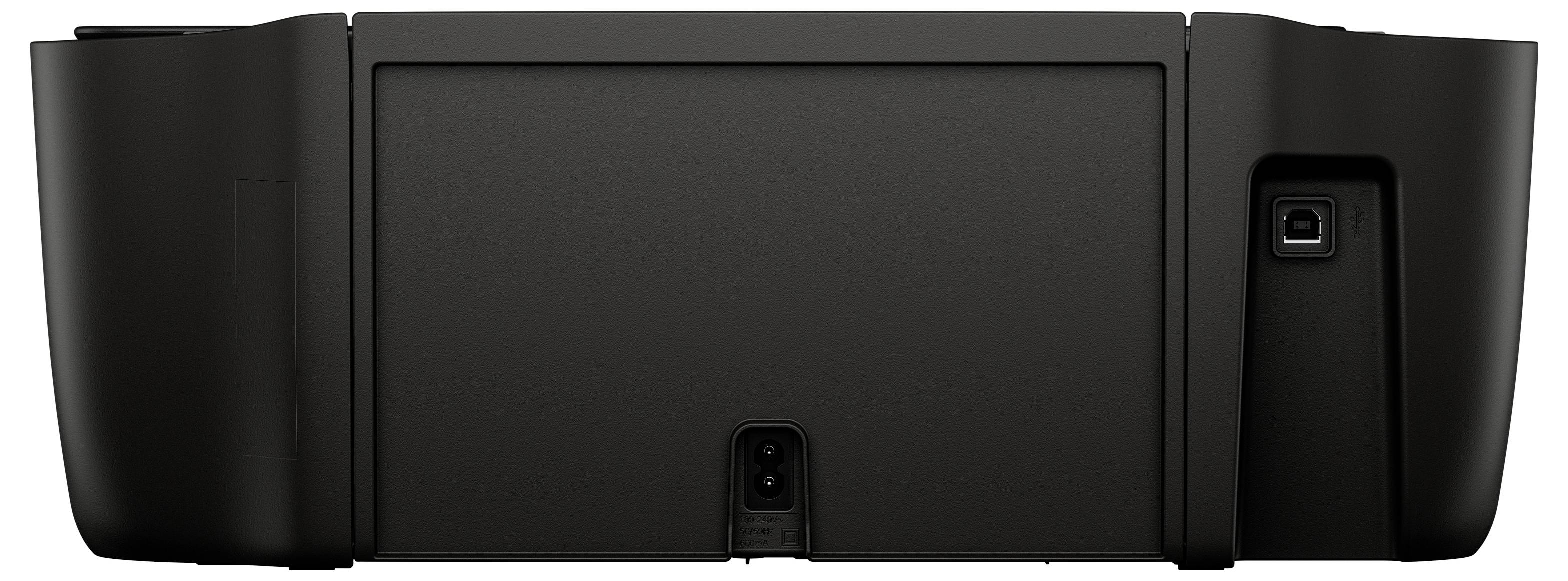 Zadní pohled na černou tiskárnu zobrazující porty napájení a USB.