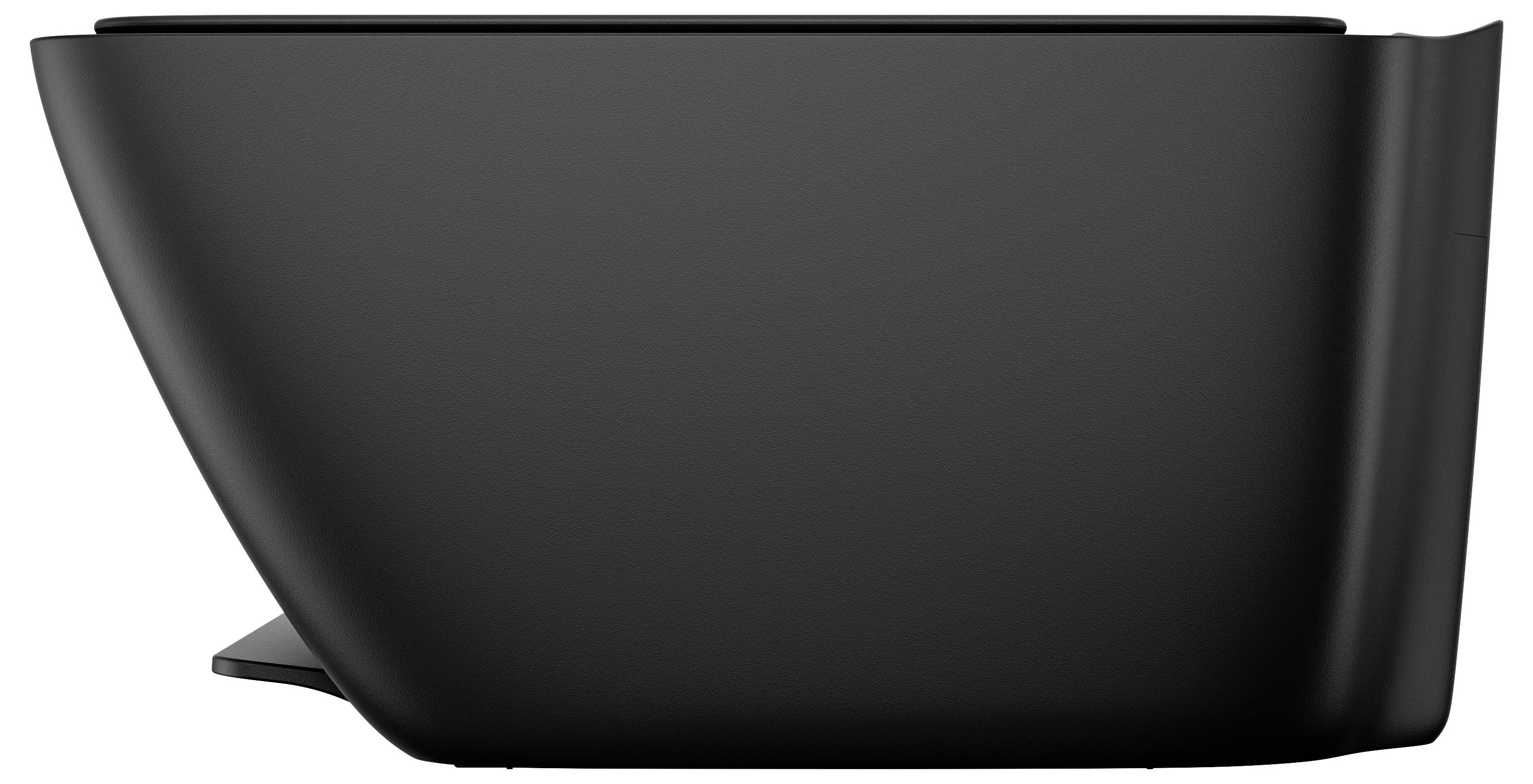 Elegantní, moderní černá toaleta s hladkým, zaoblenými tvary, zobrazená z boční perspektivy.