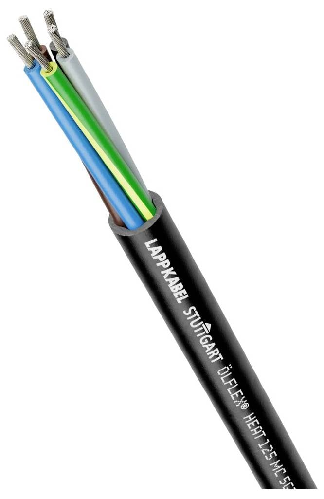 Příčný řez vícebarevného elektrického kabelu s brandingem označeným 'LAPPKABEL Stuttgart ÖLFLEX® HEAT 125-M'.