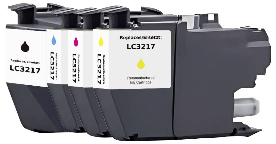 Sada čtyř renovovaných inkoustových kazet označených "LC3217" v černé, azurové, purpurové a žluté barvě pro tiskárnu.