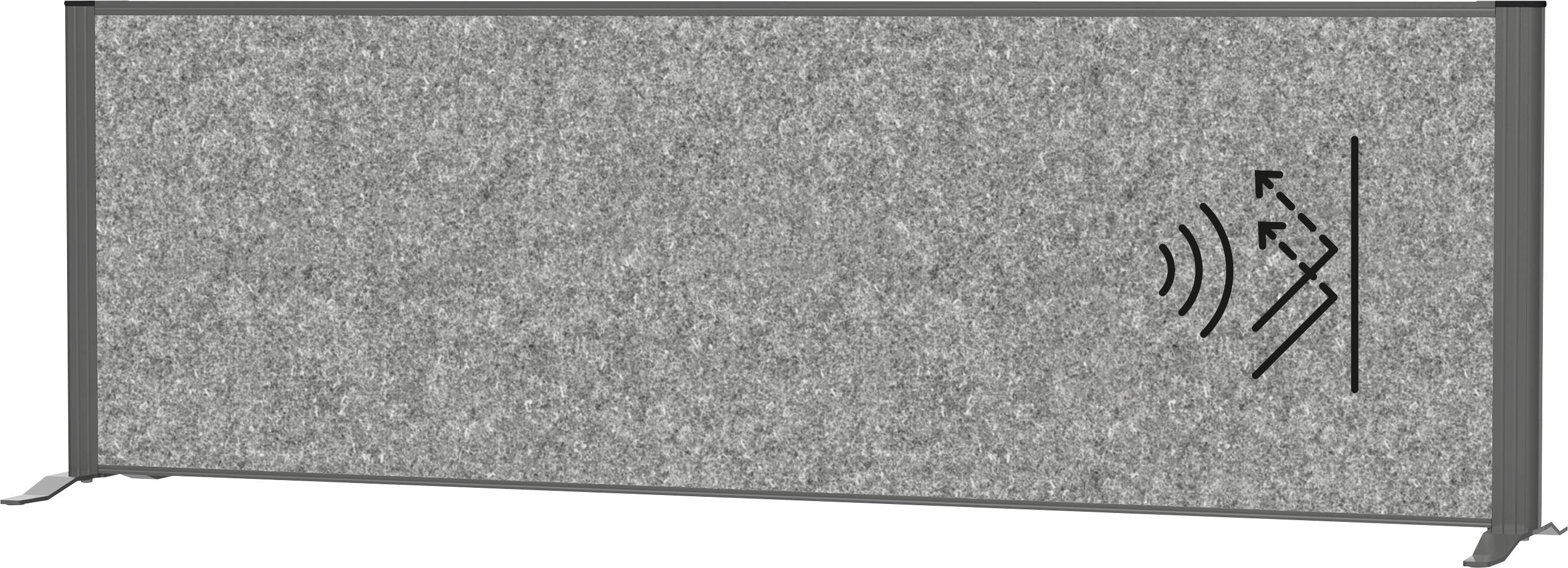 Obdélníkový šedý texturovaný zástěnový panel s mezinárodním symbolem zvukové absorpce na pravé straně.