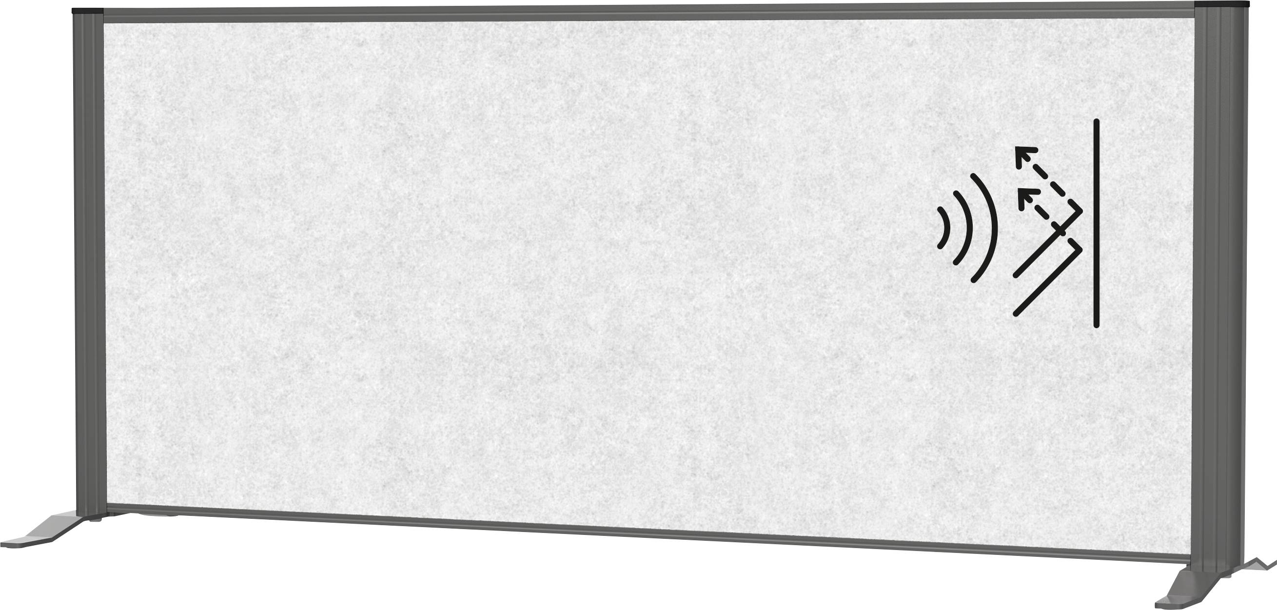 Akustický panel s grafickým symbolem zvukové vlny a šipky znázorňující schopnost pohlcování zvuku nebo snižování hluku.