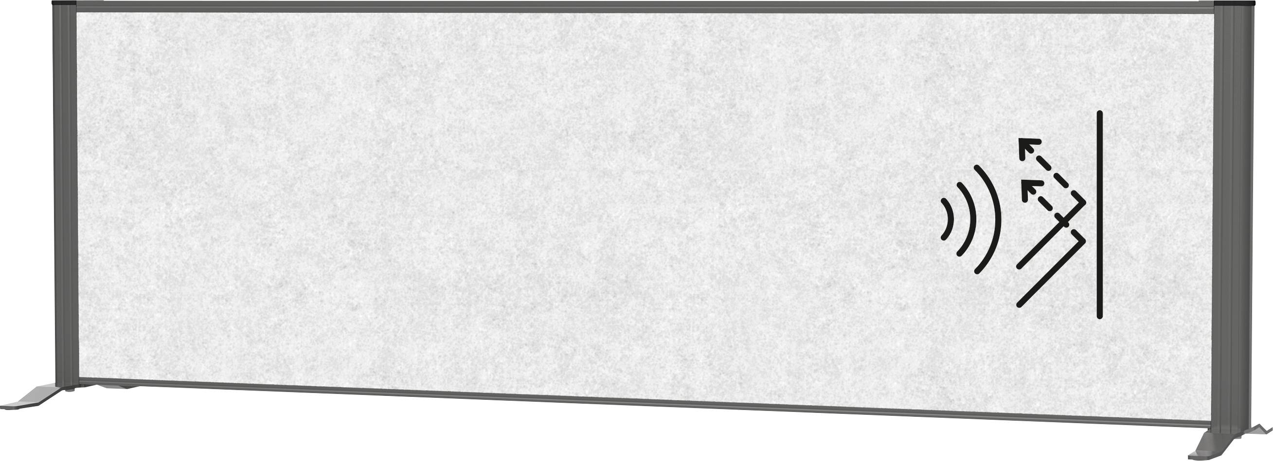 Obdélníkový akustický panel s ikonou znázorňující zvukové vlny odrážející se od jeho povrchu, který prezentuje jeho účel pohlcování zvuku.
