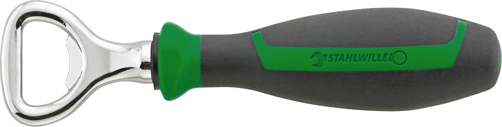 Otvírák na láhve s ergonomickou rukojetí v šedé a zelené barvě.