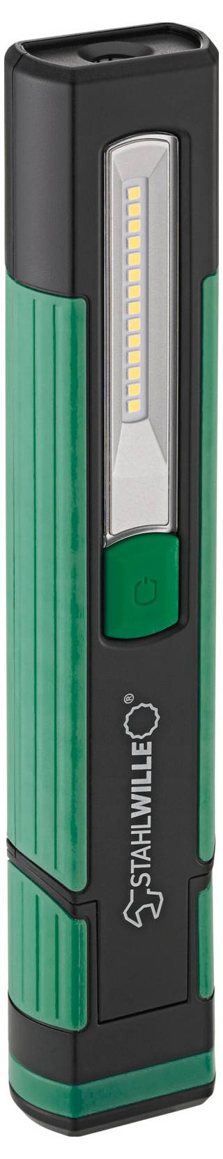Zelená a černá ruční svítilna se svislým LED pruhem a vypínačem, značky 'Stahlwille'.