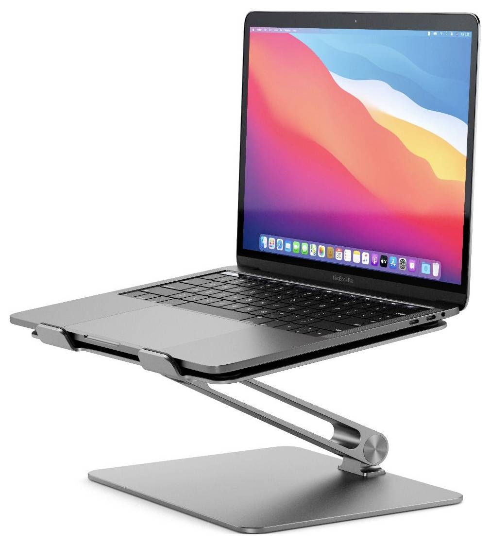 Laptop na nastavitelném kovovém stojanu, umístěný ve zvýšené poloze. Na obrazovce je zobrazeno barevné abstraktní pozadí.