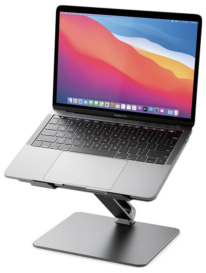 Notebook na kovovém stojanu s barevnou obrazovkou zobrazující ikony aplikací. Stojan zvedá notebook pro ergonomické používání.