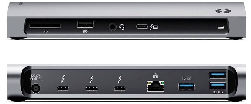 Přední a zadní pohled na dokovací stanici Thunderbolt, zobrazující různé porty včetně USB, Ethernetu, SD karty, audia a napájecího konektoru.