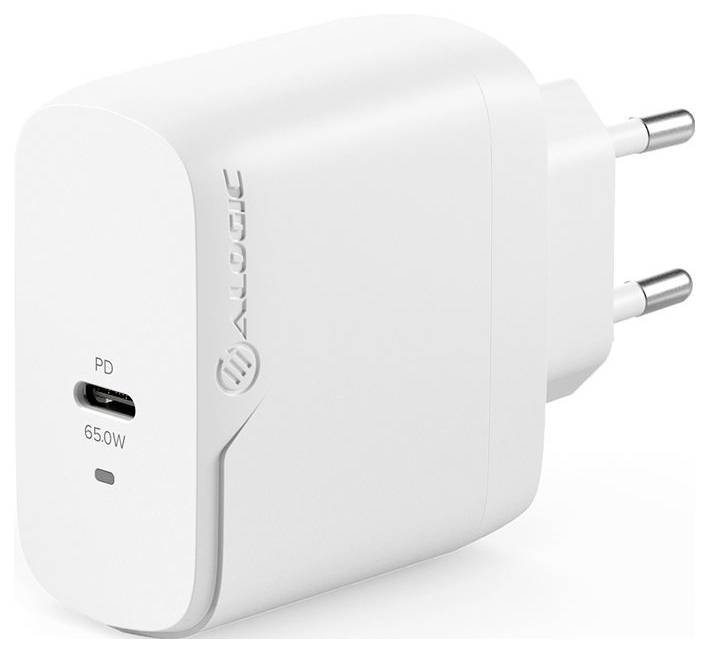 Bílá USB nástěnná nabíječka s označením 'PD 65.0W', vybavená evropskými zástrčkovými kolíky a značkou ALLOGIC.