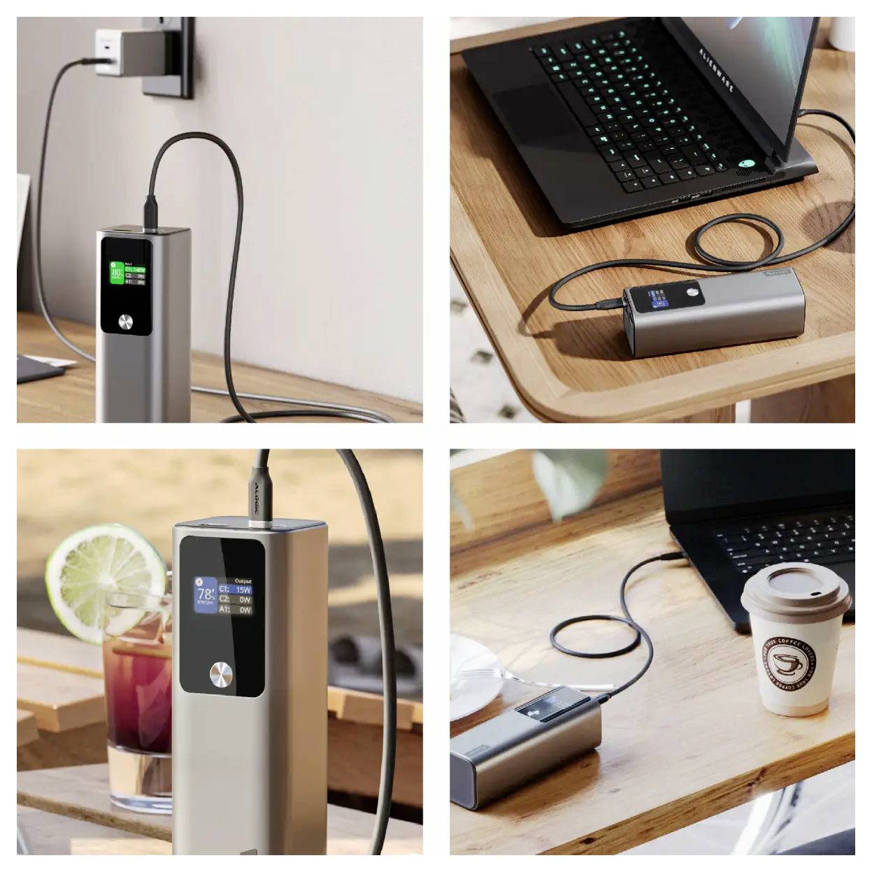 Koláž zařízení nabíjejících laptopy a telefony pomocí přenosné nabíječky, s LED displejem a šálkem kávy poblíž.