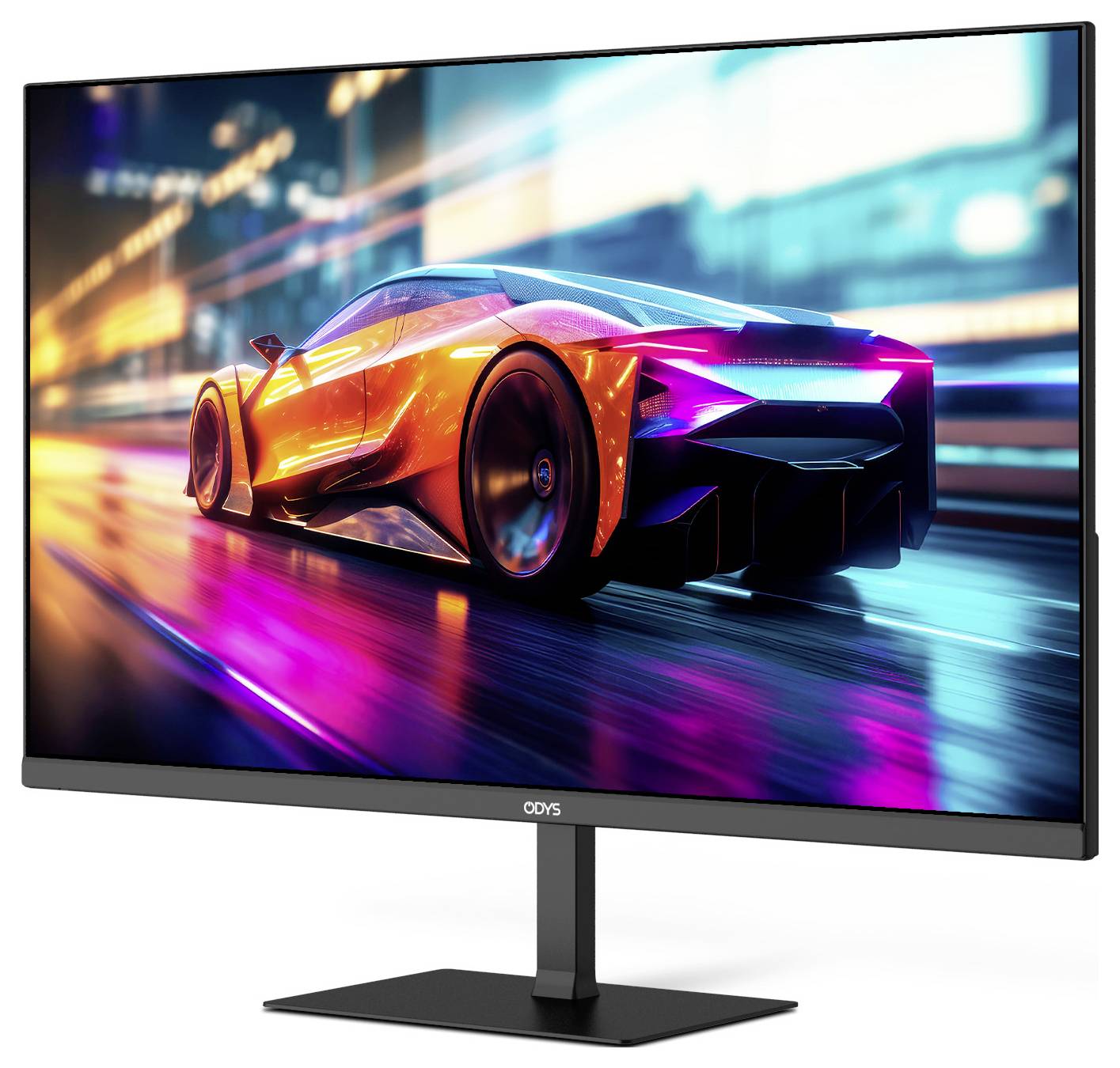Elegantní, futuristický sportovní vůz se řítí noční ulicí osvětlenou neony, odrážející živé oranžové a modré světlo.