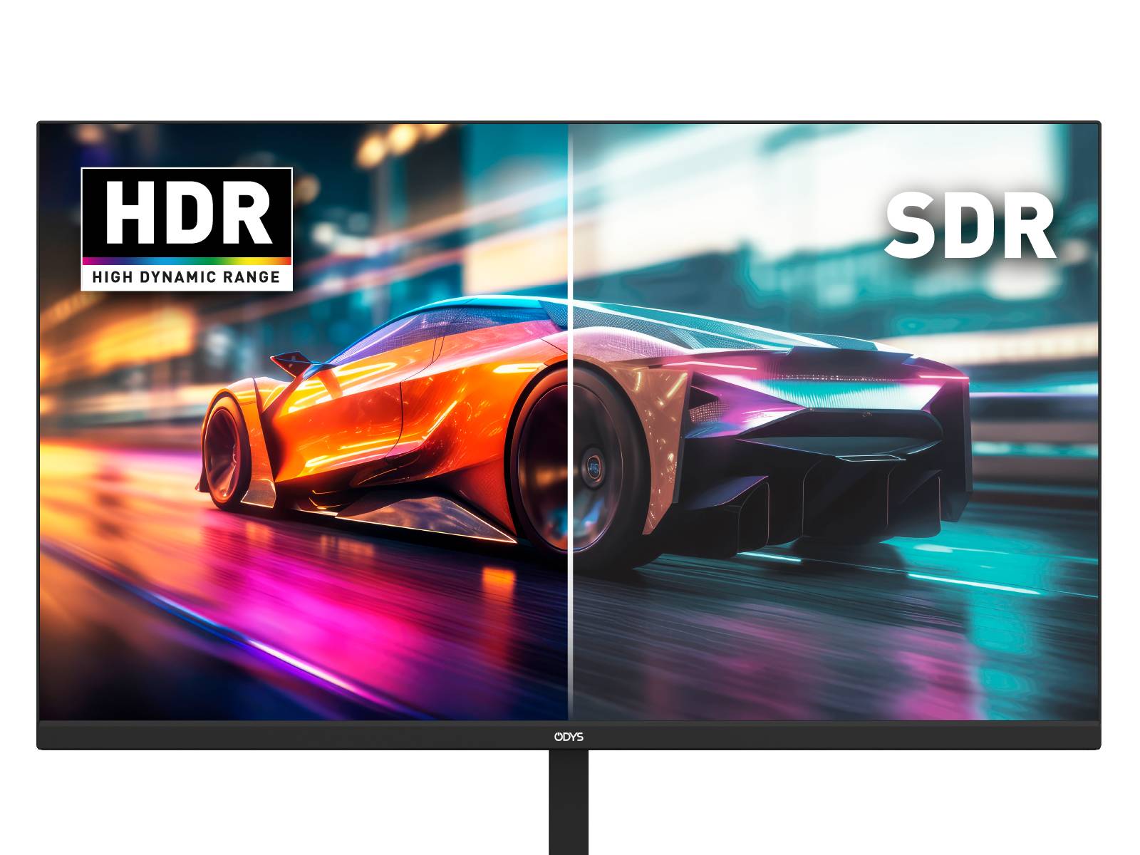 Sportovní automobil na silnici, který zobrazuje HDR vlevo s výraznými barvami a SDR vpravo s tlumenými tóny.
