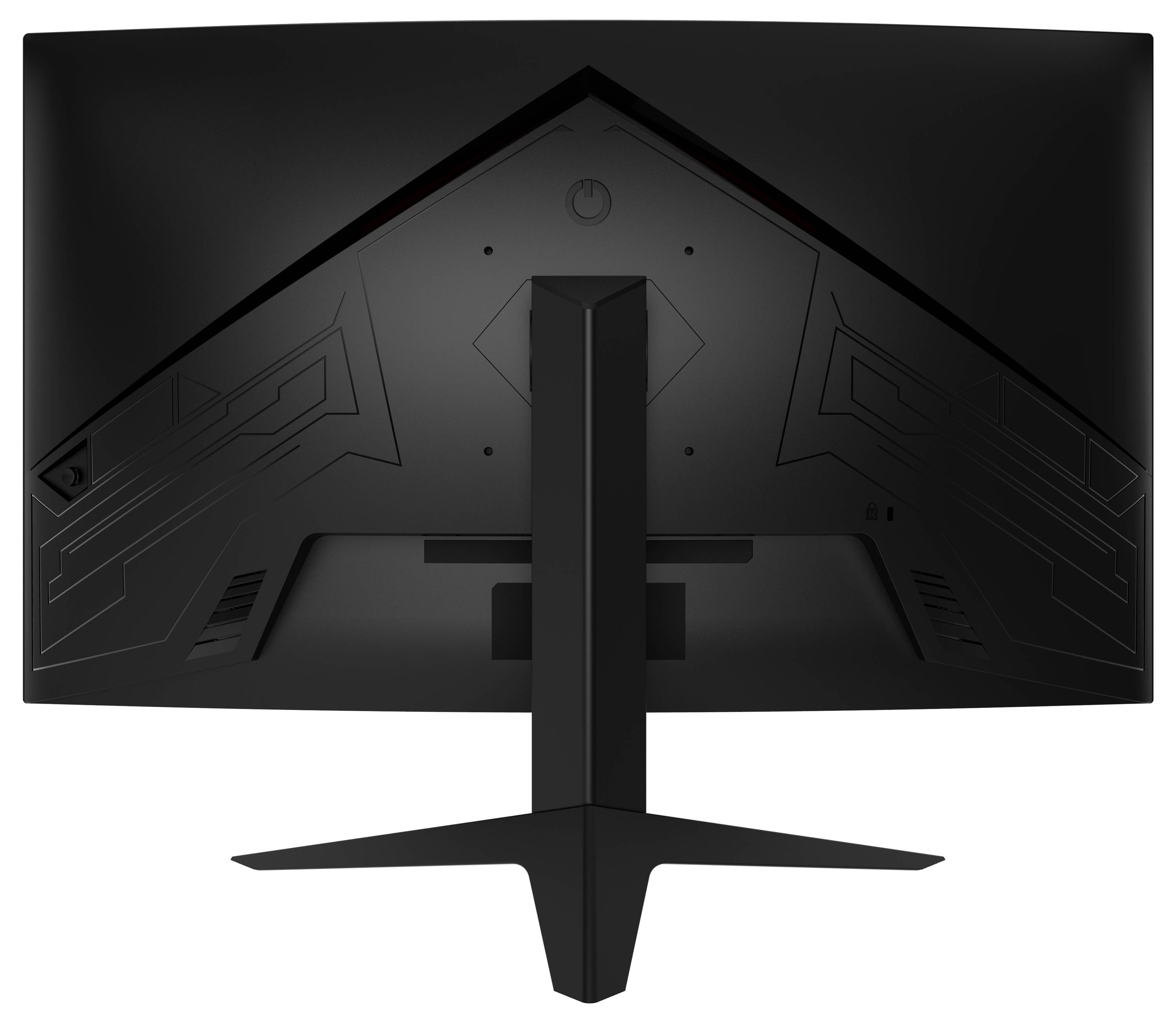 Obrázek zobrazuje pohled zezadu na černý počítačový monitor s elegantním, úhlovým stojanem a trojúhelníkovým designovým vzorem na zadním panelu.