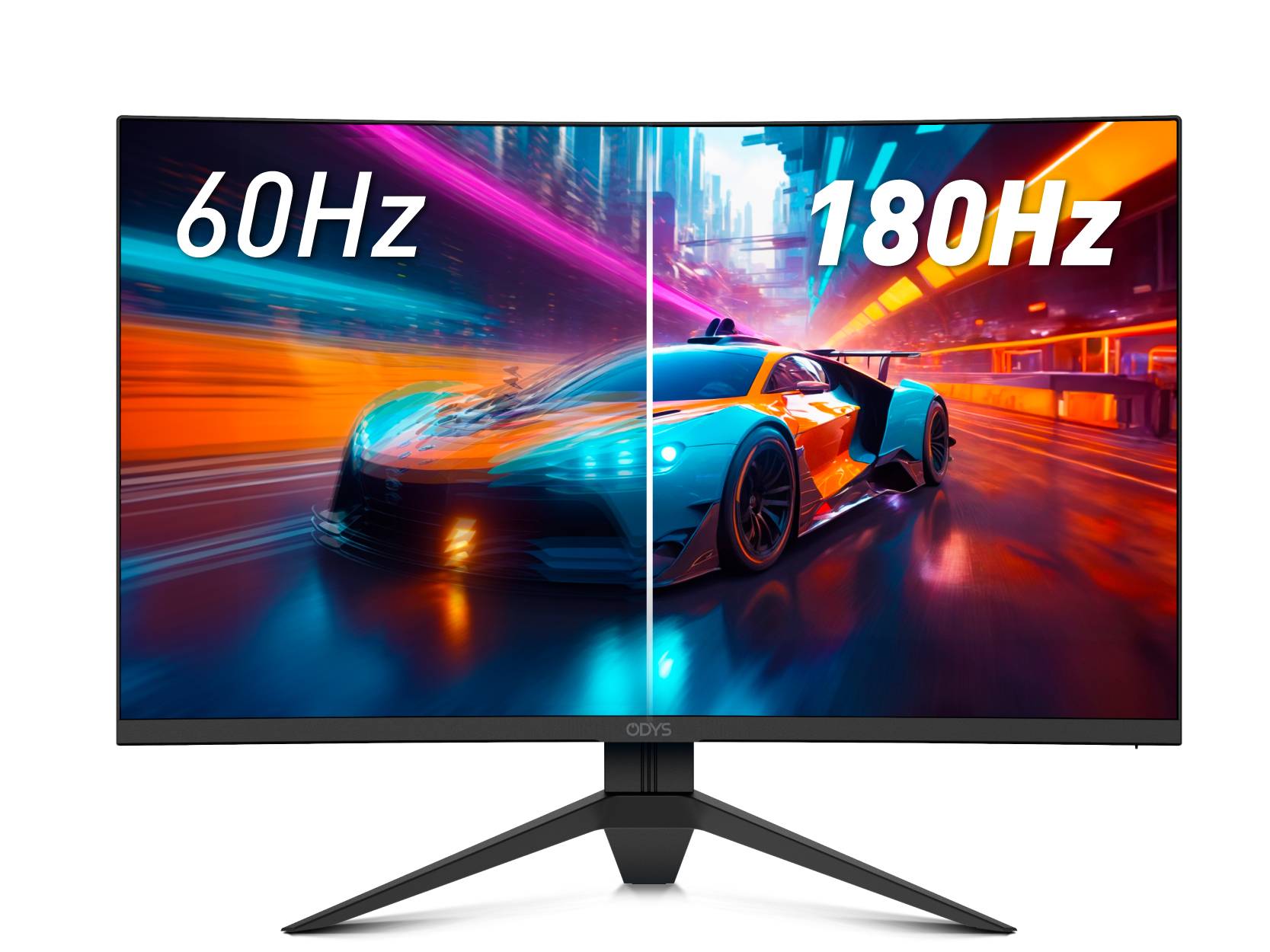 Rozdělený obraz herní racing videohry na monitoru, kde levá polovina zobrazuje scénu při 60 Hz a pravá polovina při 180 Hz, demonstrující plynulejší pohyb na pravé straně.