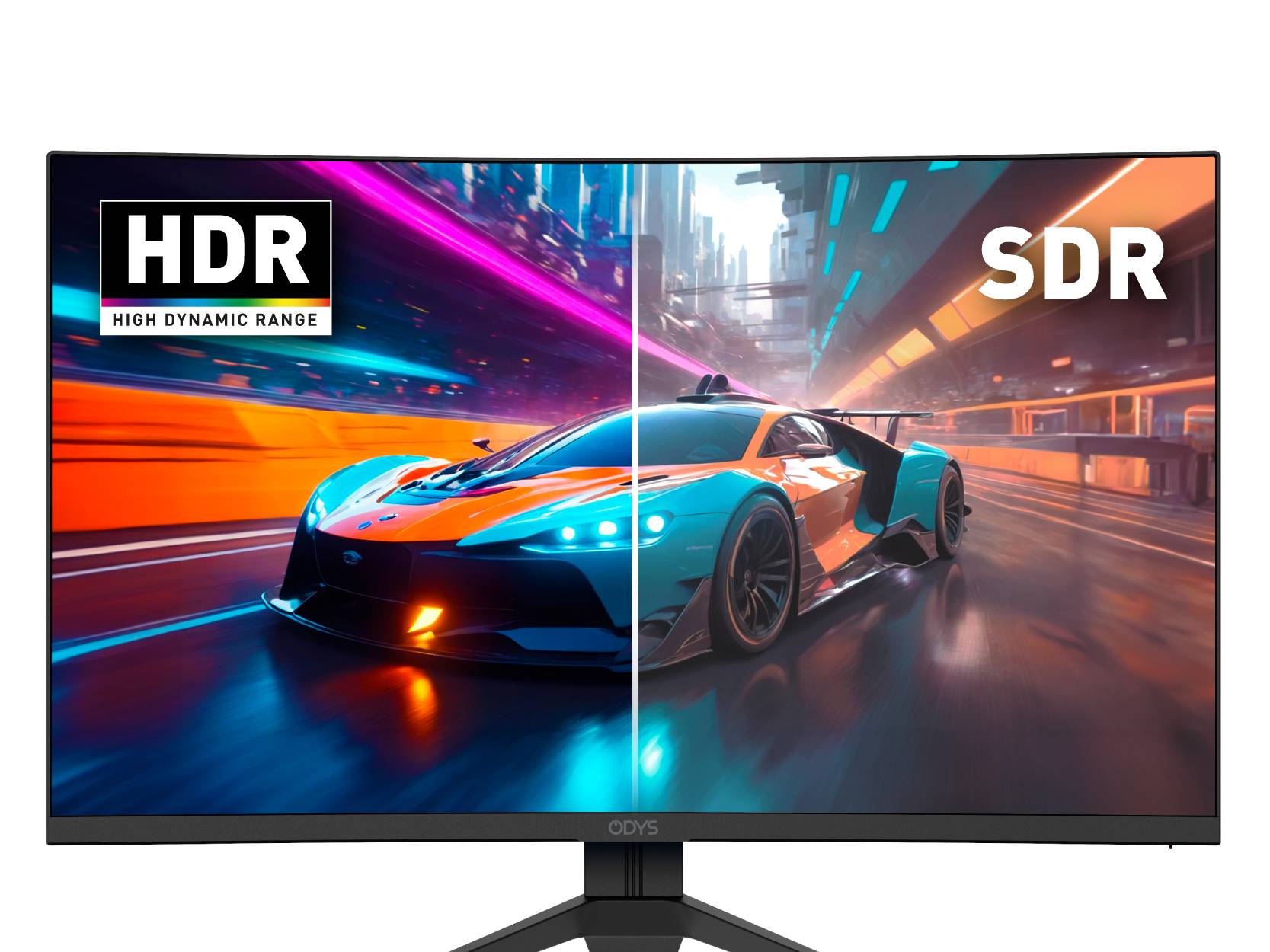 Obrázek závodního auta rozděleného na dvě poloviny: levá strana označená jako 'HDR' s výraznými, sytými barvami, pravá strana označená jako 'SDR' s méně živými, tlumenými barvami, znázorňující rozdíl mezi displeji.