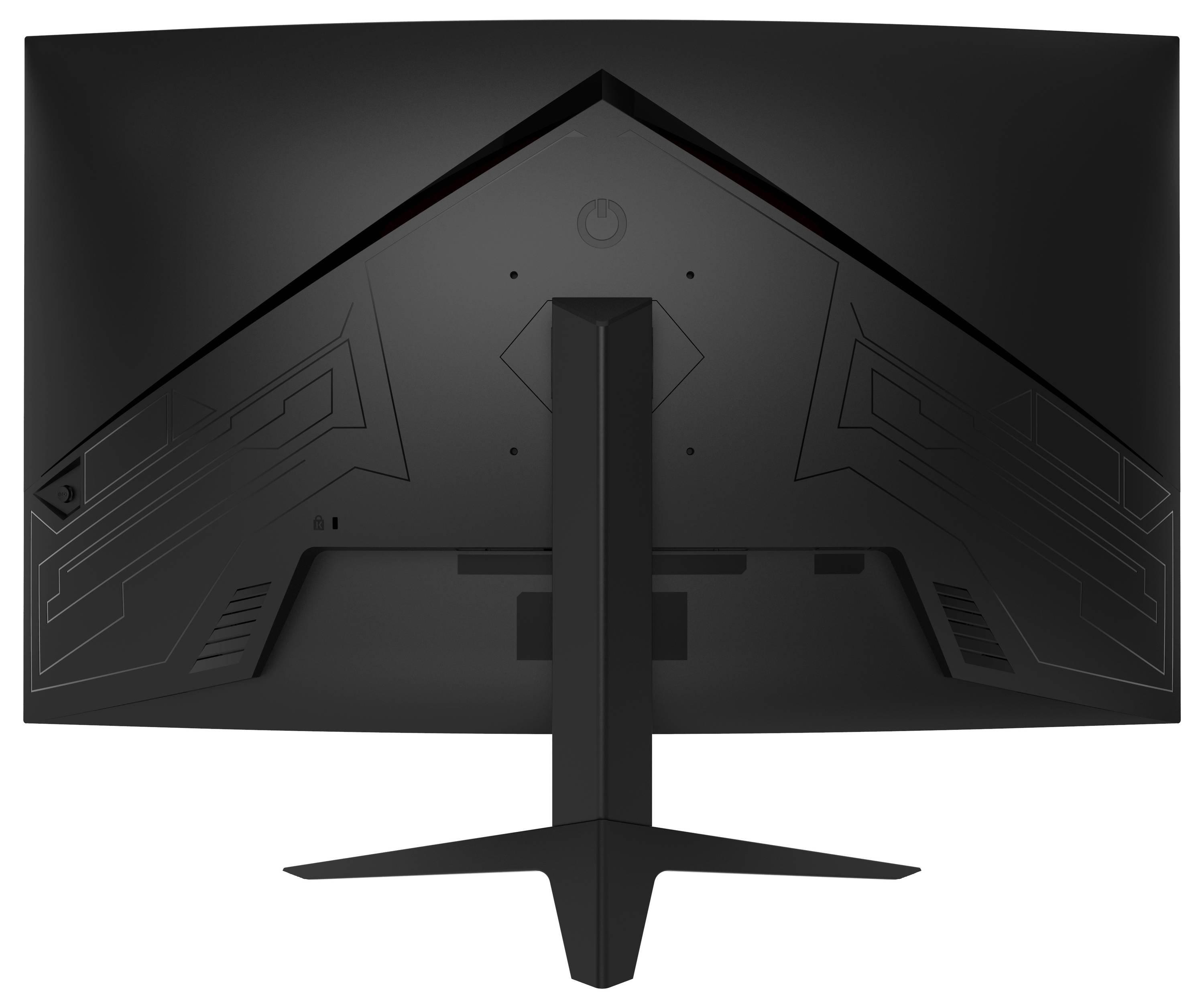 Pohled zezadu na černý, široký počítačový monitor zobrazující geometrický design. Stojan je připevněn centrálně a rozděluje se do dvou úhlových noh.