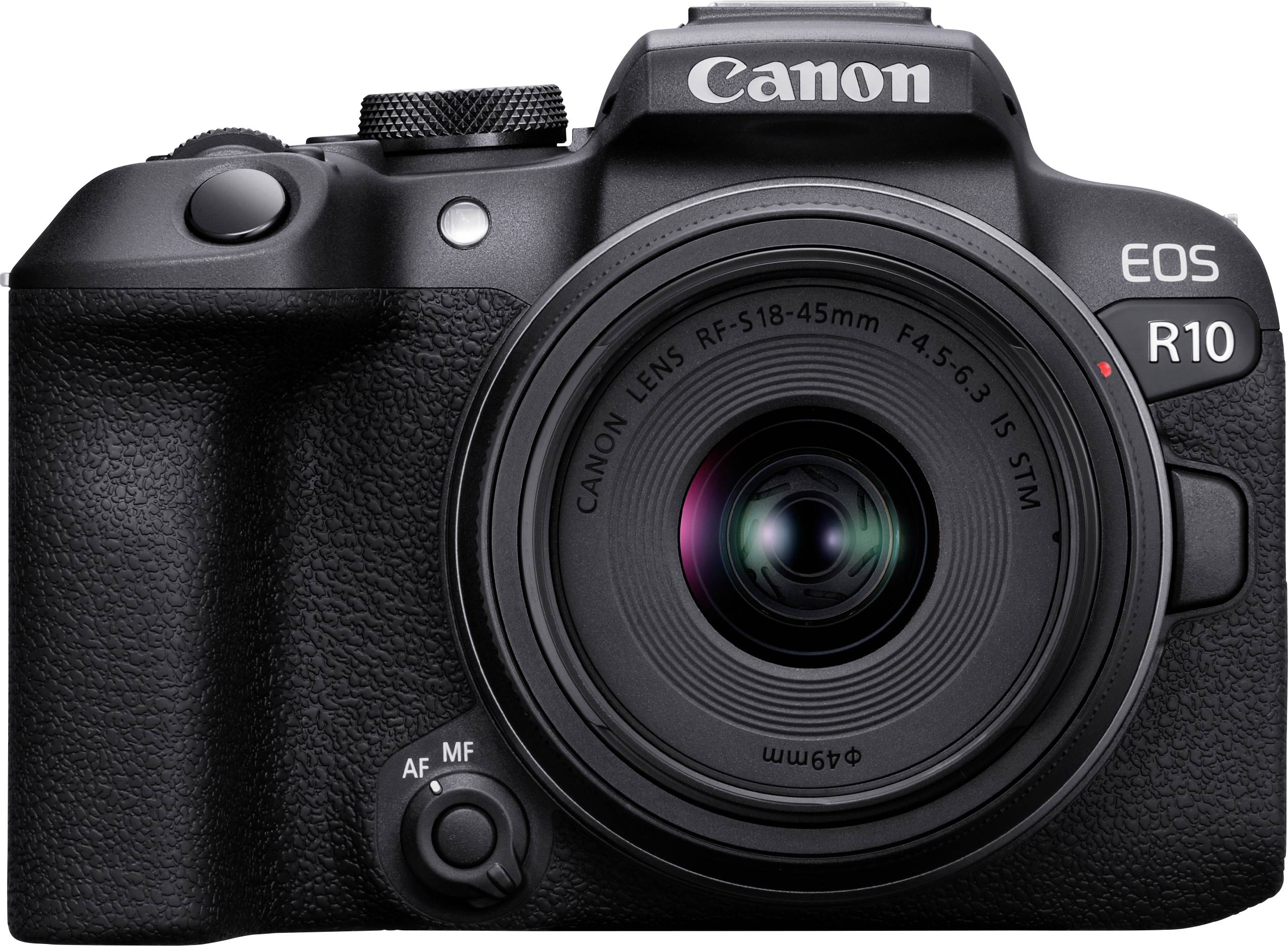 Černý fotoaparát Canon EOS R10 s objektivem, zobrazující značku a model, umístěný na jednoduchém pozadí.