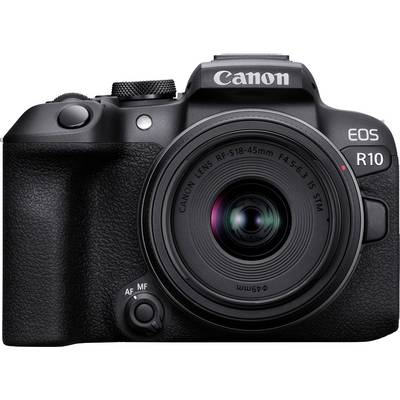 Černý fotoaparát Canon EOS R10 s objektivem, zobrazující značku a model, umístěný na jednoduchém pozadí.